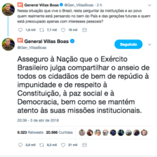 Comandante do Exército diz repudiar impunidade na véspera de decisão do STF
